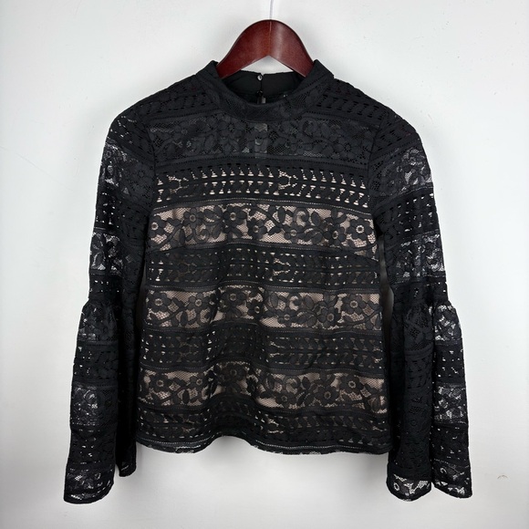 English Factory Top Black Floral Lace Victorian Bell Sleeves Blouse Dainty Sz S* - Picture 2 of 11